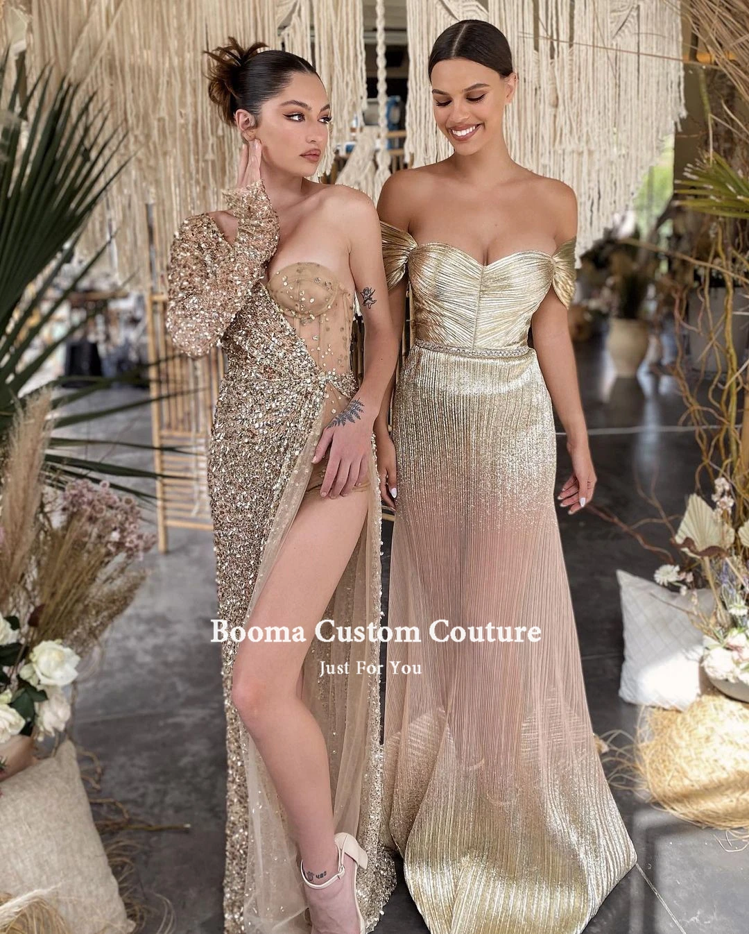 Booma Gold Eine Schulter Pailletten Abendkleider 2021 Langarm Hohe Slit Asymmetrische Abendkleider Formale Party Kleider