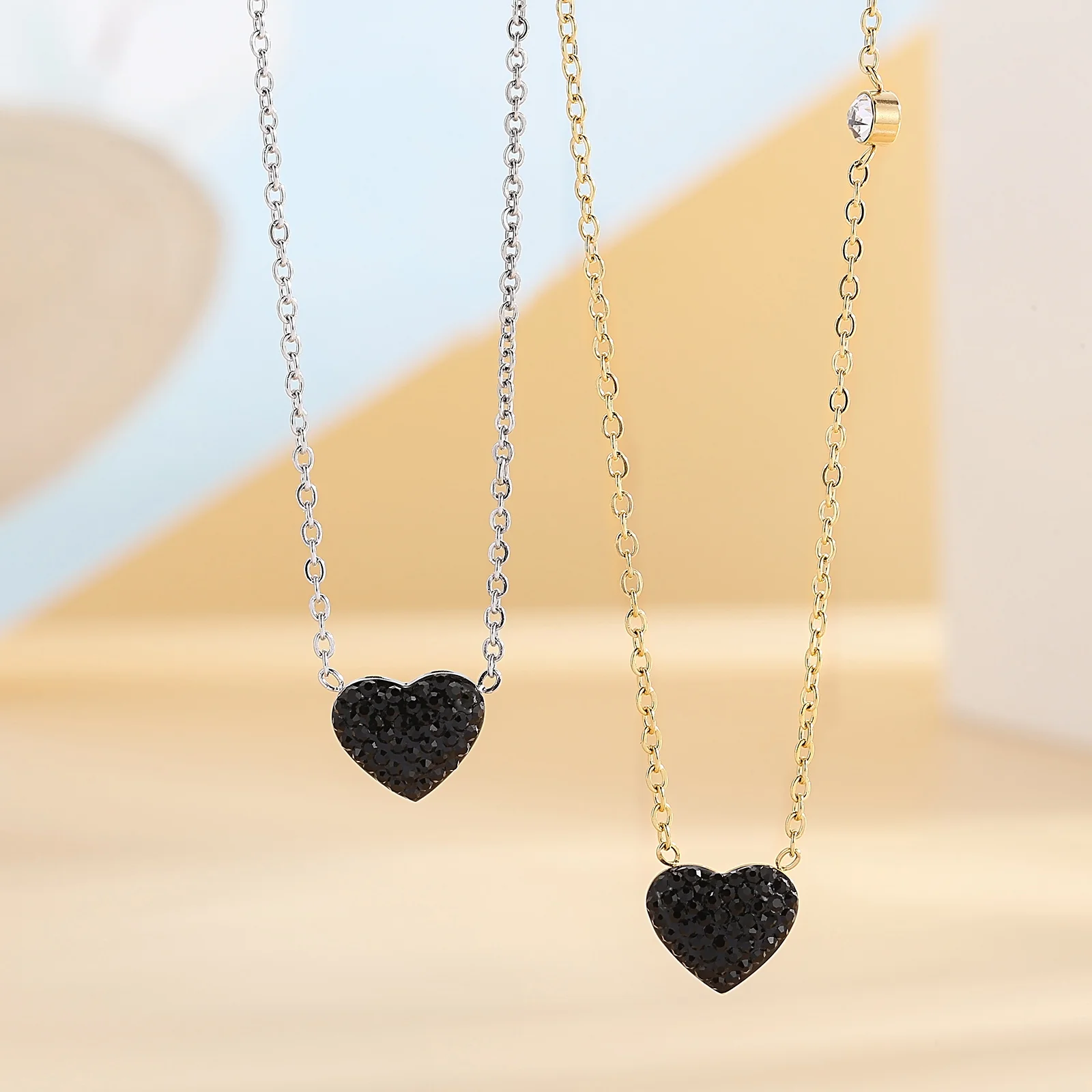 Black Rhinestone Heart Necklace For Women Gold Color Stainless Steel Chokers Jewelry Gift