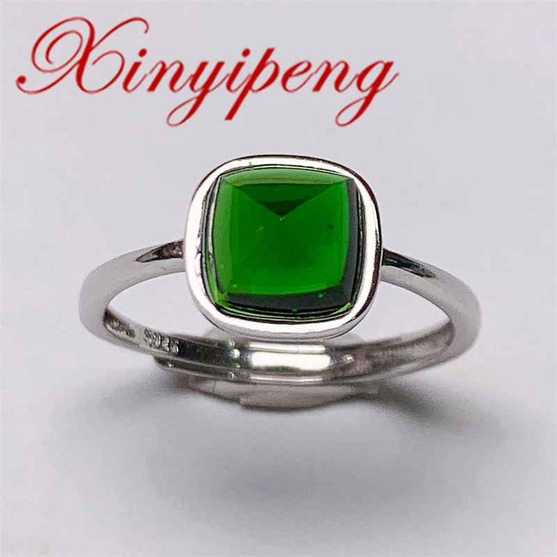 Xin Yipeng Real S925 Sterling Silver Plated White Gold Inlaid Natural Diopside Ring Fine Jewelry Anniversary Gift for Women