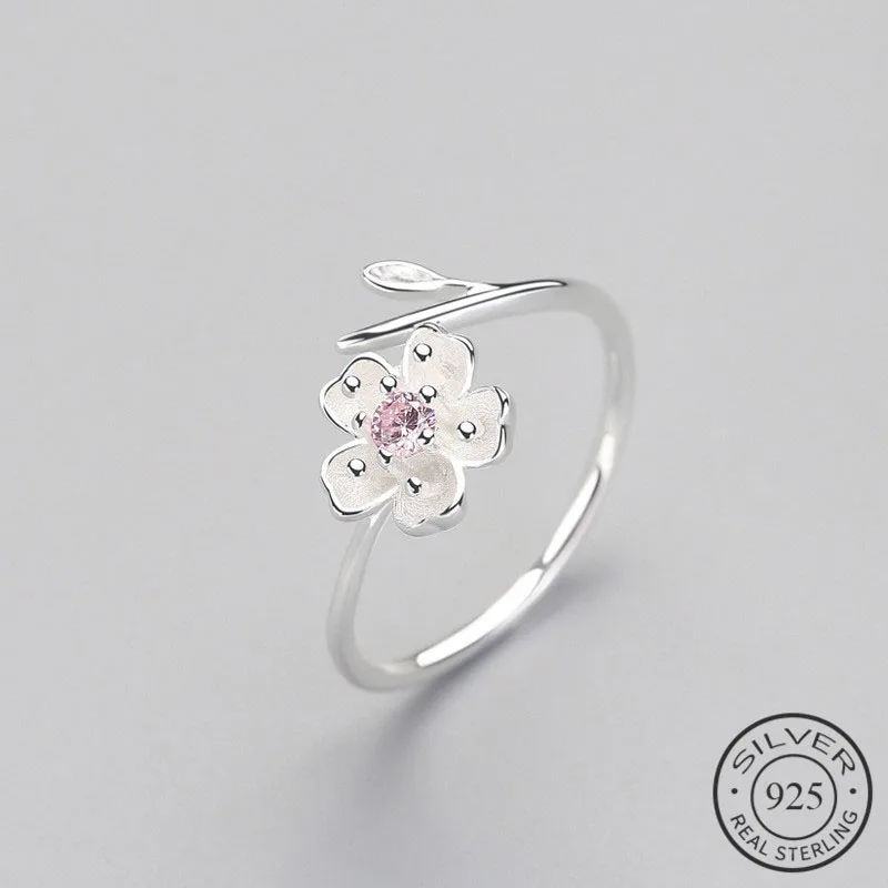 Real 925 Sterling Silver Zircon Enamel Plum Flower Adjustable Ring Elegant Fine Jewelry For Women Romantic Party Bijoux