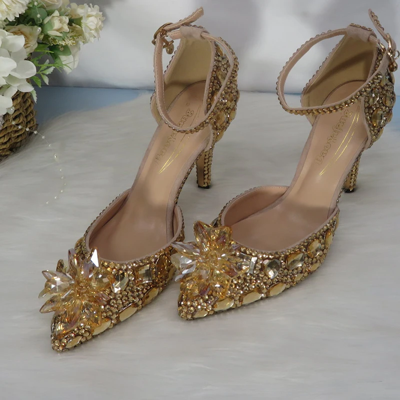 Customized Champagne Golden crystal women Wedding shoes Rhinestone high heels ankle strap shoes women party dress shoes