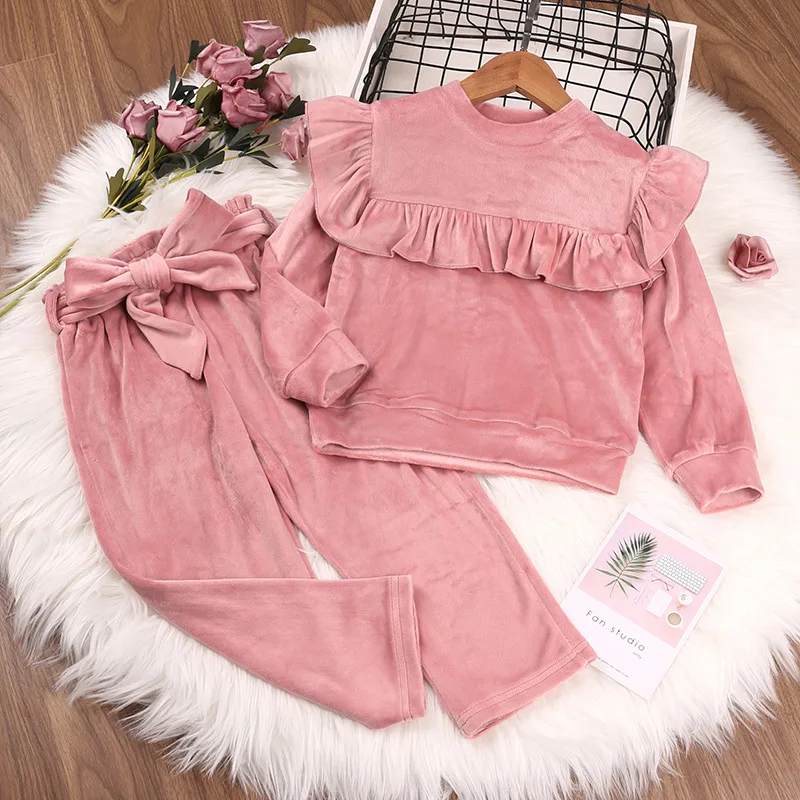 Children Clothing 2022 Spring And Autumn New Occident Girls Set Macrame Long-Sleeved Trousers Flannel Two-Piece Suit Casual Wear