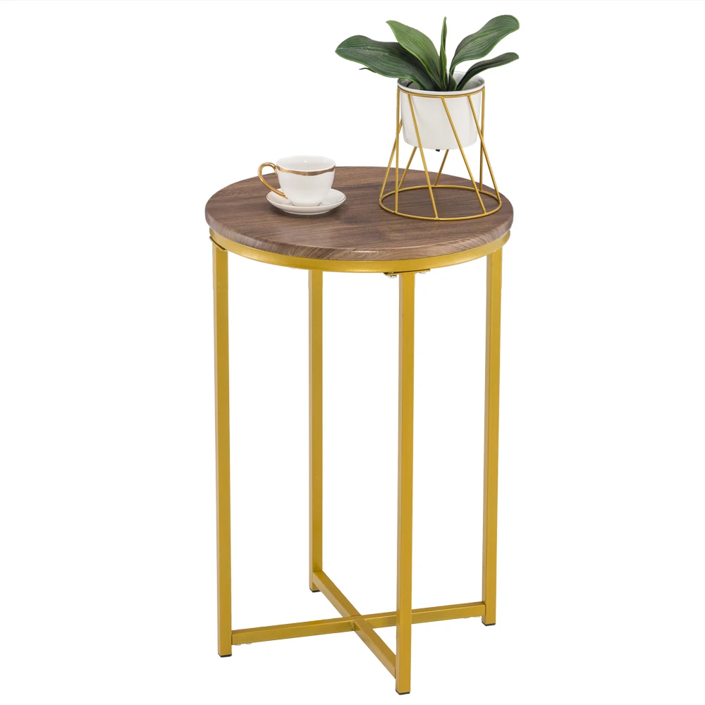 Side/Coffee/Sofa Table Round Edge Table Single-Layer Wood Grain Multifunctional Simple Cross Foot 40.5x40.5x61cm Gold U.S. Stock