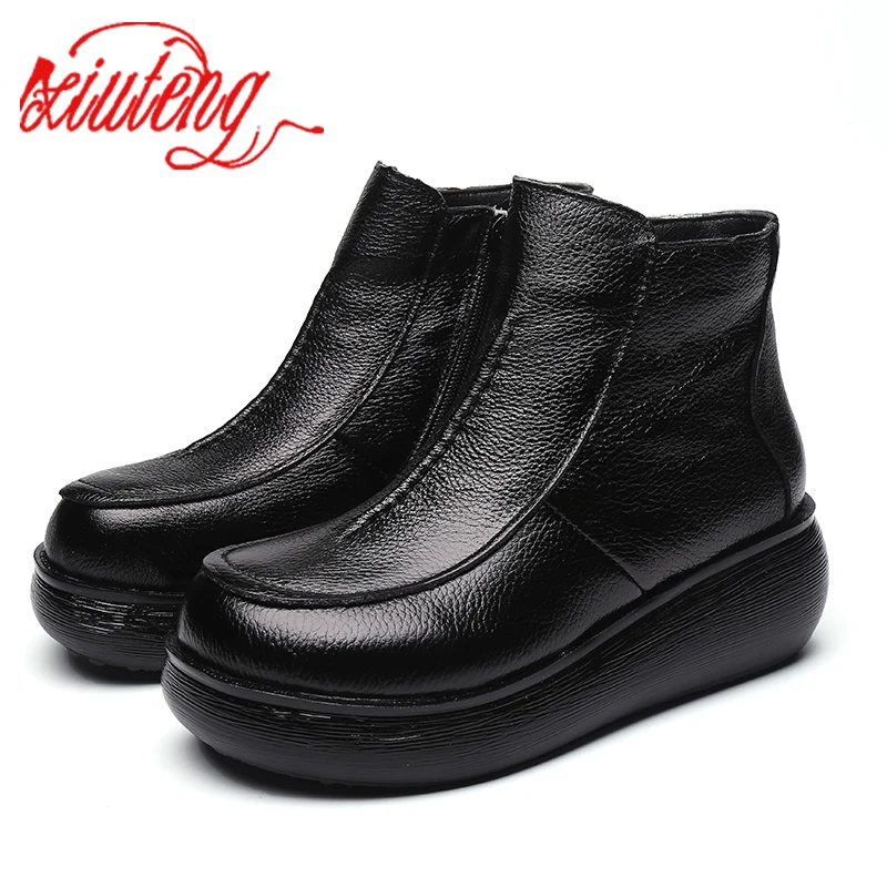 

Xiuteng 2022 New Genuine Leather Winter Boots for Women Flat Shoes Ladies Snow Boots Womens Flat Keep Warm Platform Work Shoes