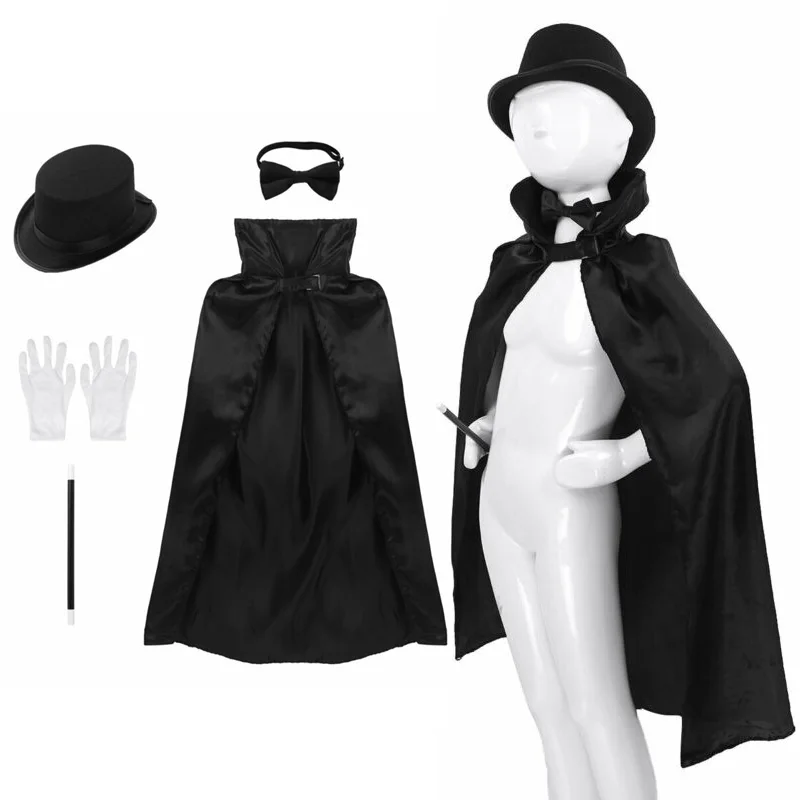 5Pcs Kids Magician Role Play Costume Outfit Cape Hat Magic Wand Gloves Necktie Set for Halloween Cosplay Fancy Party Dress Up