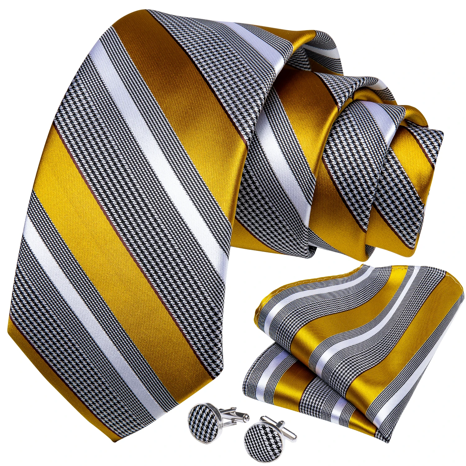 Luxury Yellow White Striped Silk Woven Ties For Men Classic Business Wedding Party Necktie Pocket Square Ring Set DiBanGu