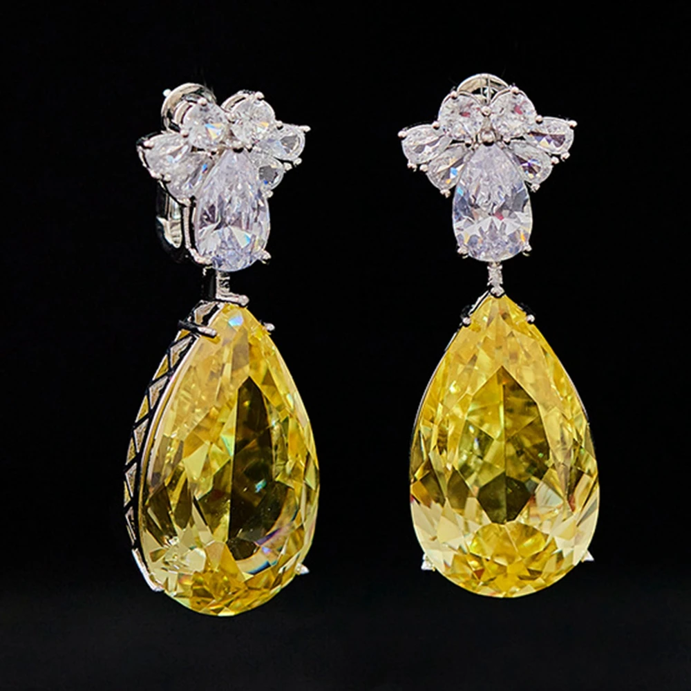 European and american Luxuri Large Yellow Zirconia Stone Water Drop Earrings and Womens Necklace Real Gold plated Jewelry Sets