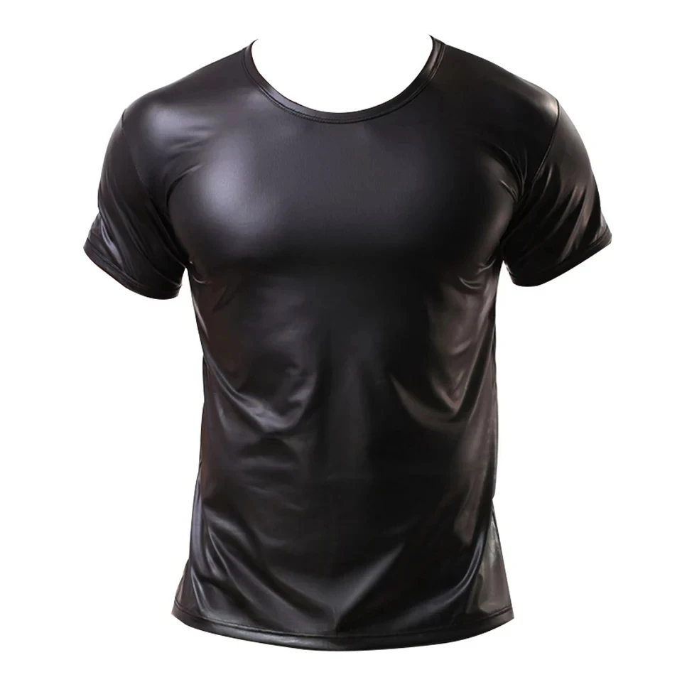 Sexy macio PU couro manga curta dos homens tops, colete erótico shaping bainha, látex metálico masculino casual t-shirts, couro envernizado t-shirts