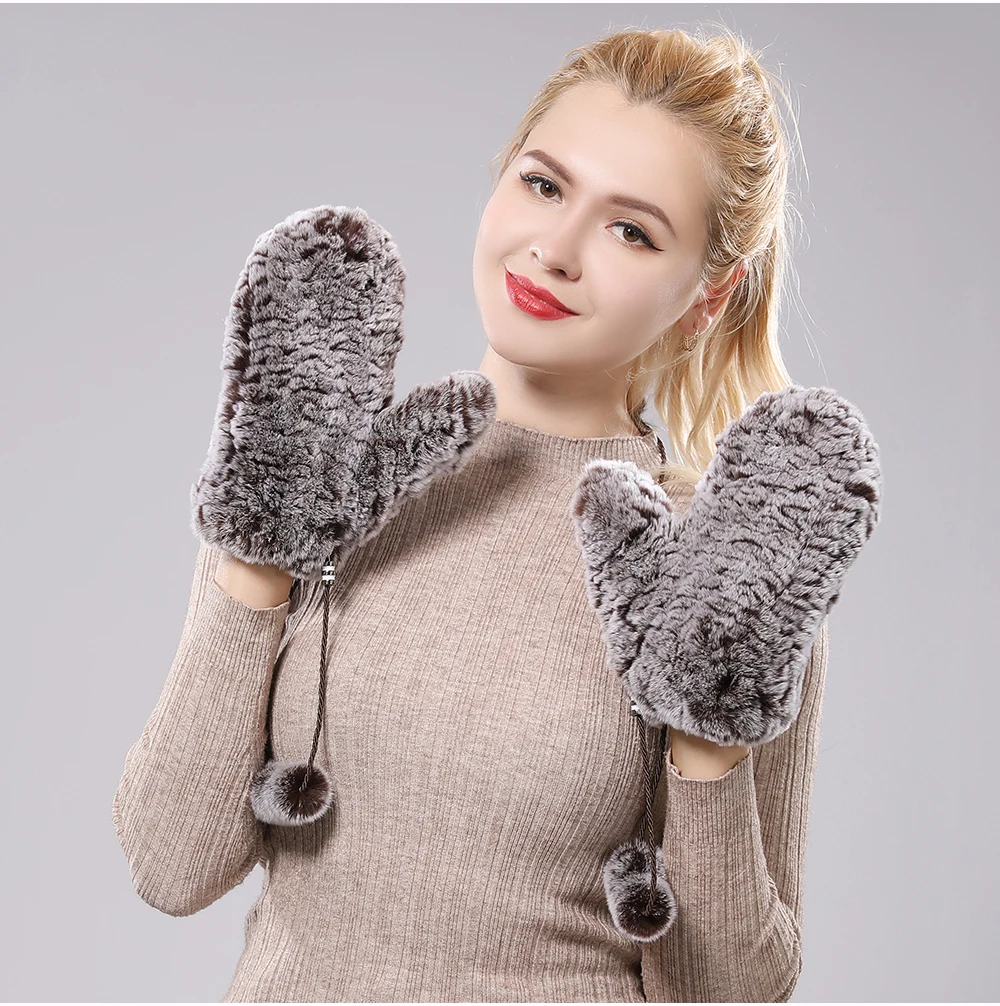 Women's Winter Warm Real Rex Rabbit Fur Gloves Good Elastic Ladies Fur Mittens Girls Outdoor Warm Natural Rex Rabbit Fur Mittens