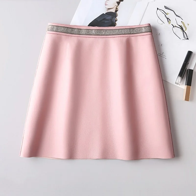 Womens New High Waist Elegant Diamond Sheepskin Skirt Office Lady Korean Style Above Knee Genuine Leather Fashion A-Line Skirt