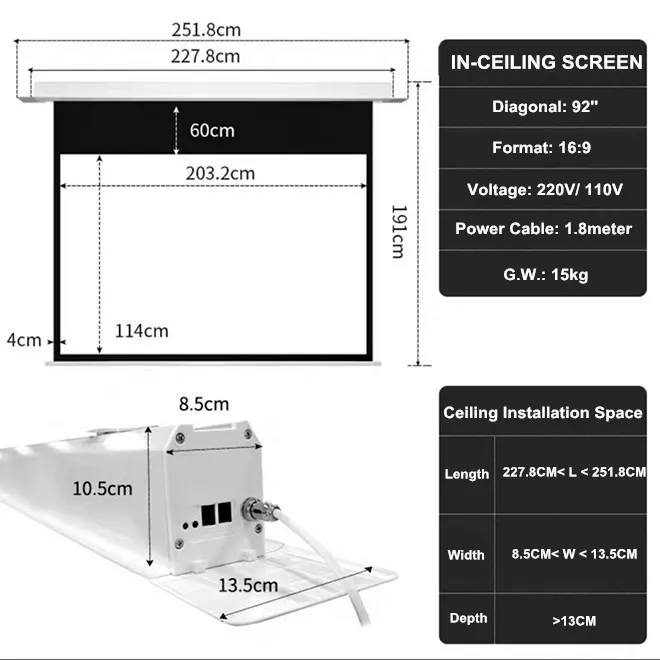 THMFGH 80-150 "In-Decke Montiert Elektrische/Motorisierte Projektion/Projektor Bildschirm mit Fiberglas matte weiß für Heimkino – Detail 30