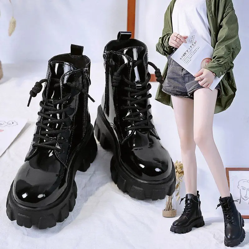 Okrągłe Toe Med Heel Boots Women Shoes Autumn Boots-Women Booties Ladies Lace Up Luxury Designer Lolita Black 2020 Rubber Flat