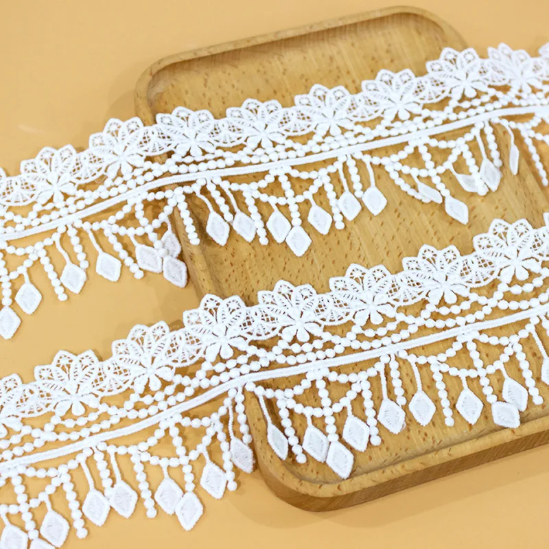 20yards White Fabric Flower Lace Ribbon Trim Fringe Tassel Edge For Dress Neckline Decor Diy Crafts Lace For Needlework 73mm