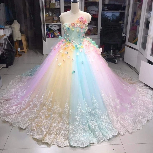 See through Rainbow Evening Dress Flowered Dress Lace Tulle Dress Floral Dress Colorful Wedding Dress Lace up Back Dresses Evening Dresses AliExpress