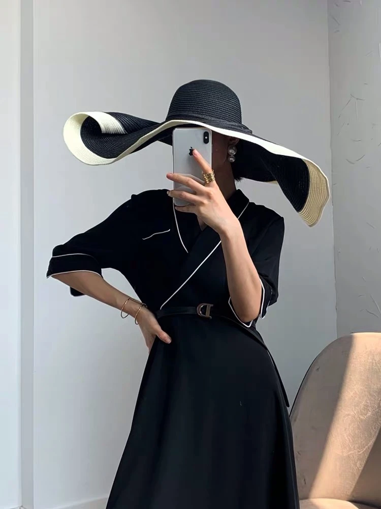 Women Vintage Black White Wide Brim 20CM Straw Hat Elegant Flat Floppy Derby Hat Foldable Straw Cap Cover Oversized Collapsible