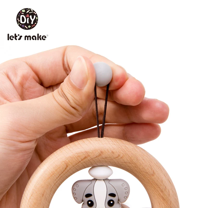 Let's Make-Anneau de dentition en bois de hêtre pour bébé de 0 à 12 mois, hochet de dessin animé, jouets en perles de silicone, cadeaux de Noël pour enfants, poussette, 1 pièce