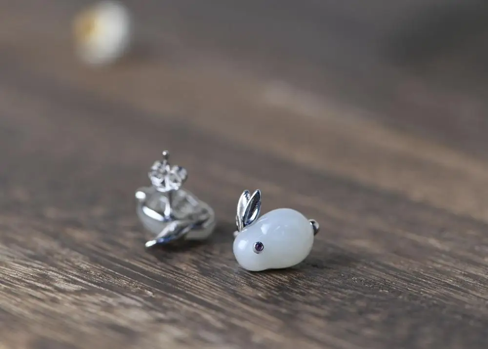 S925 Silver Silver Inlaid Hetian  Women Fashion White Rabbit Ear Stud