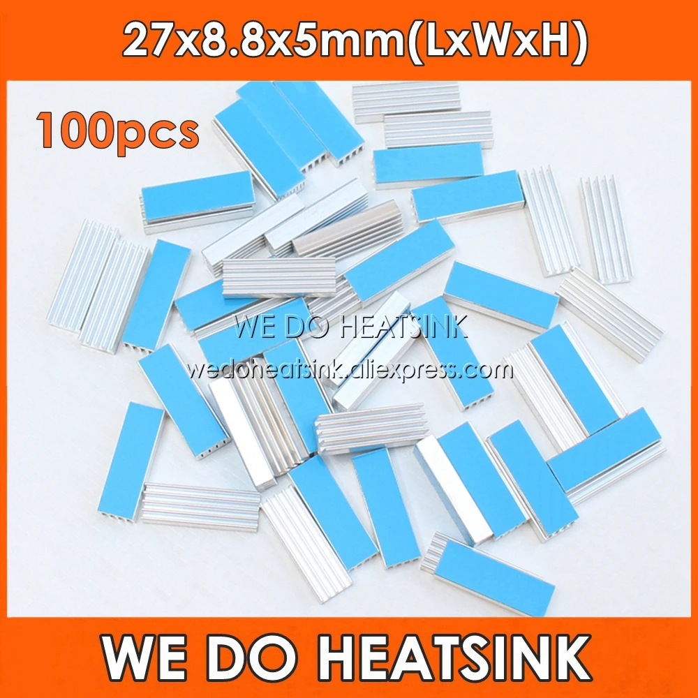 

WE DO HEATSINK 100pcs 27x8.8x5mm Aluminum Heatsink Radiator Cooler With Thermal Adhesive Heat Transfer Pad