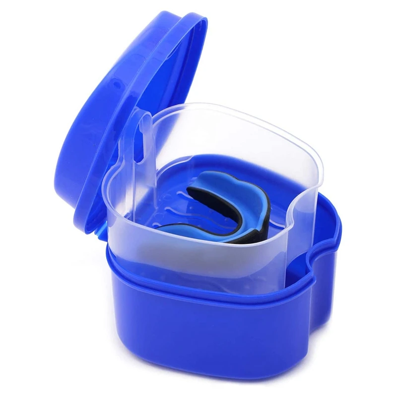 Dark Blue Denture Case Denture Cup with Strainer Denture Bath Box False Teeth Storage Box with Basket Net Container Holder for