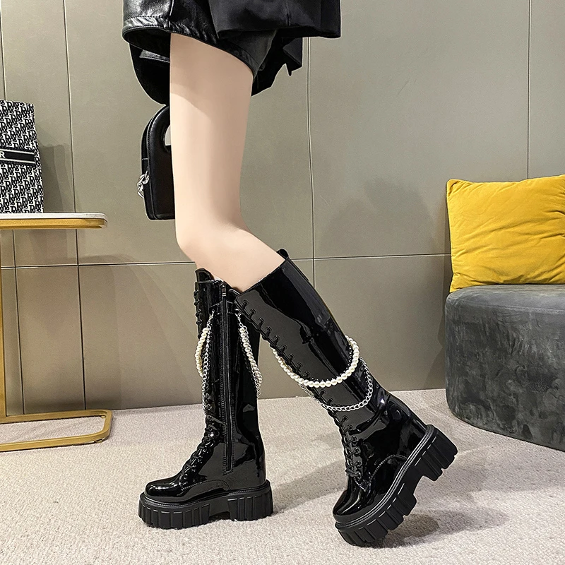 2022 Thick Heel Ankle Boots Chunky Sneakers Women High Heels Winter Platform Patent Leather Woman Shoes 10CM Wedges Long Boots