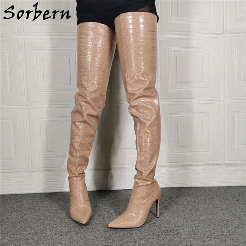 Sorbern-bottes Nude Crocodile pour femmes, bottes brevetées, à bout pointu, à talons hauts, personnalisées, larges, ajustées, cuisse longue, nouvelle collection 2020