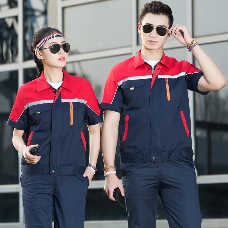 Conjunto de ropa de trabajo transpirable para hombre y mujer, uniforme de fábrica, taller, reparación de automóviles, monos de manga corta, traje de Color contrastante, verano