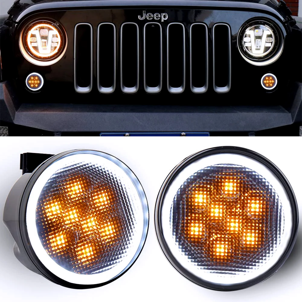 Zestaw przednich świateł kierunkowskazów LED POVTOR z białym halo i przydymioną soczewką do Jeep Wrangler JK 2007-2017