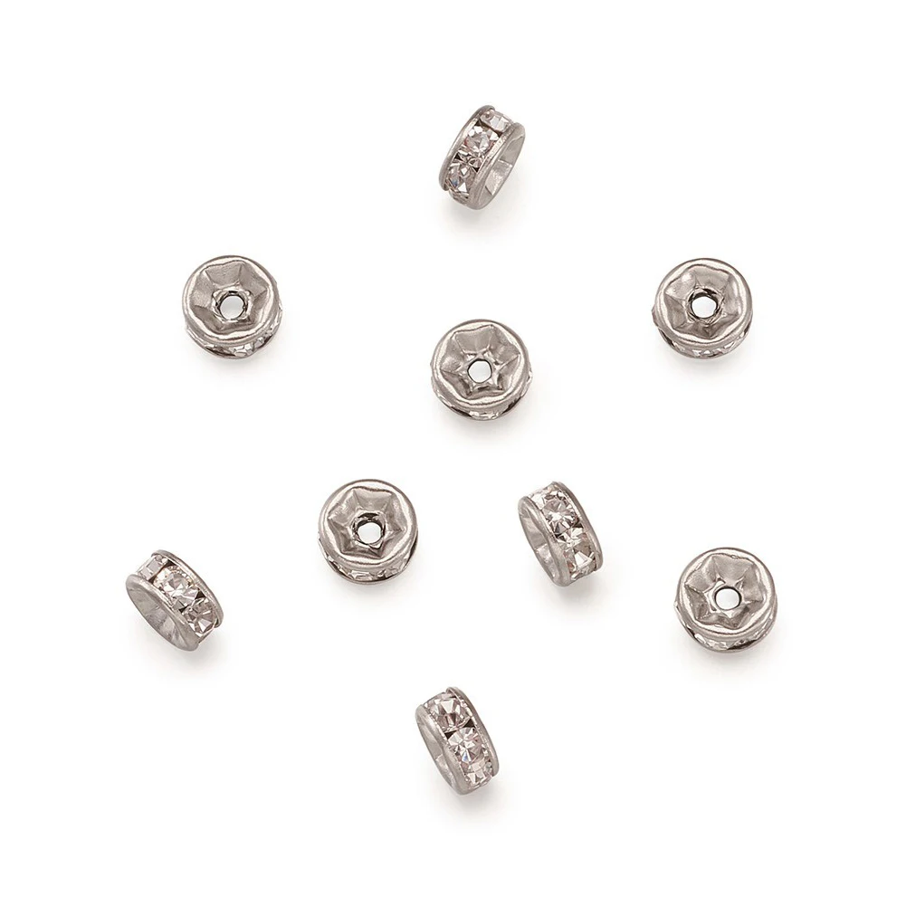 

200pcs Stainless Steel Spacer Beads Rhinestone Metal Rondelle Loose Beads for Jewelry Bracelet Making DIY Accessories 6 7 8 10mm