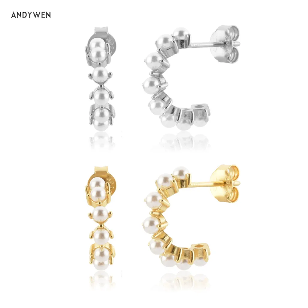 

ANDYWEN 925 Sterling Silver Gold Pearl Hoops Piercing Pendientes Circle Luxury Jewelry Clips Rock Punk Jewels Rock Punk Loops