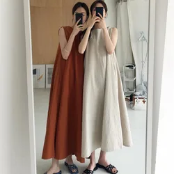 Women Summer Vintage Cotton and Linen Long Tank Dress Sleeveless Loose Waist Large Hem Round Collar Midi Sundress