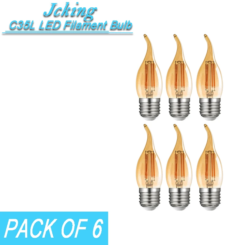 

Pack of 6 JCKing Dimmable 2W/4W/6W/8W E26/E27 LED Filament Bulbs Candle tail LED Amber Bulb LED Antique Chandelier