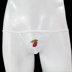 Sexy Sissy Men's Thong Mesh Embroidered Strawberry Cherry Pattern Breathable G String Gay Underwear