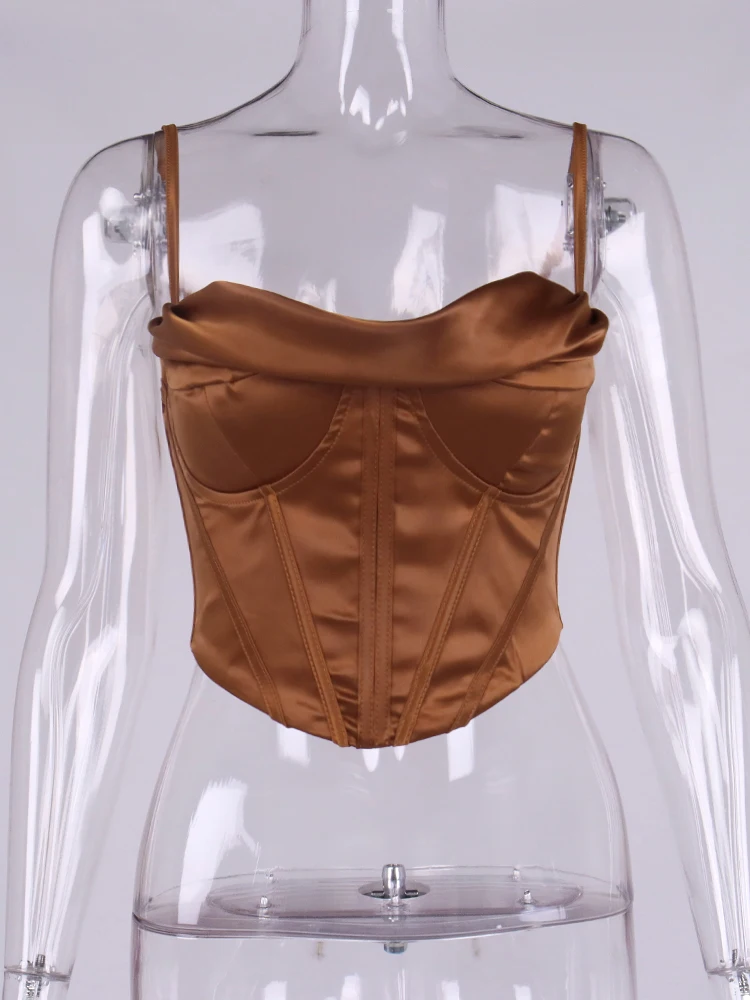 NewAsia Satin Corset Top Spaghetti Strap Lining Cowl Neck Boning Padded 2Layer Backless Zipper Bustier Sexy Crop Tops Women 2021