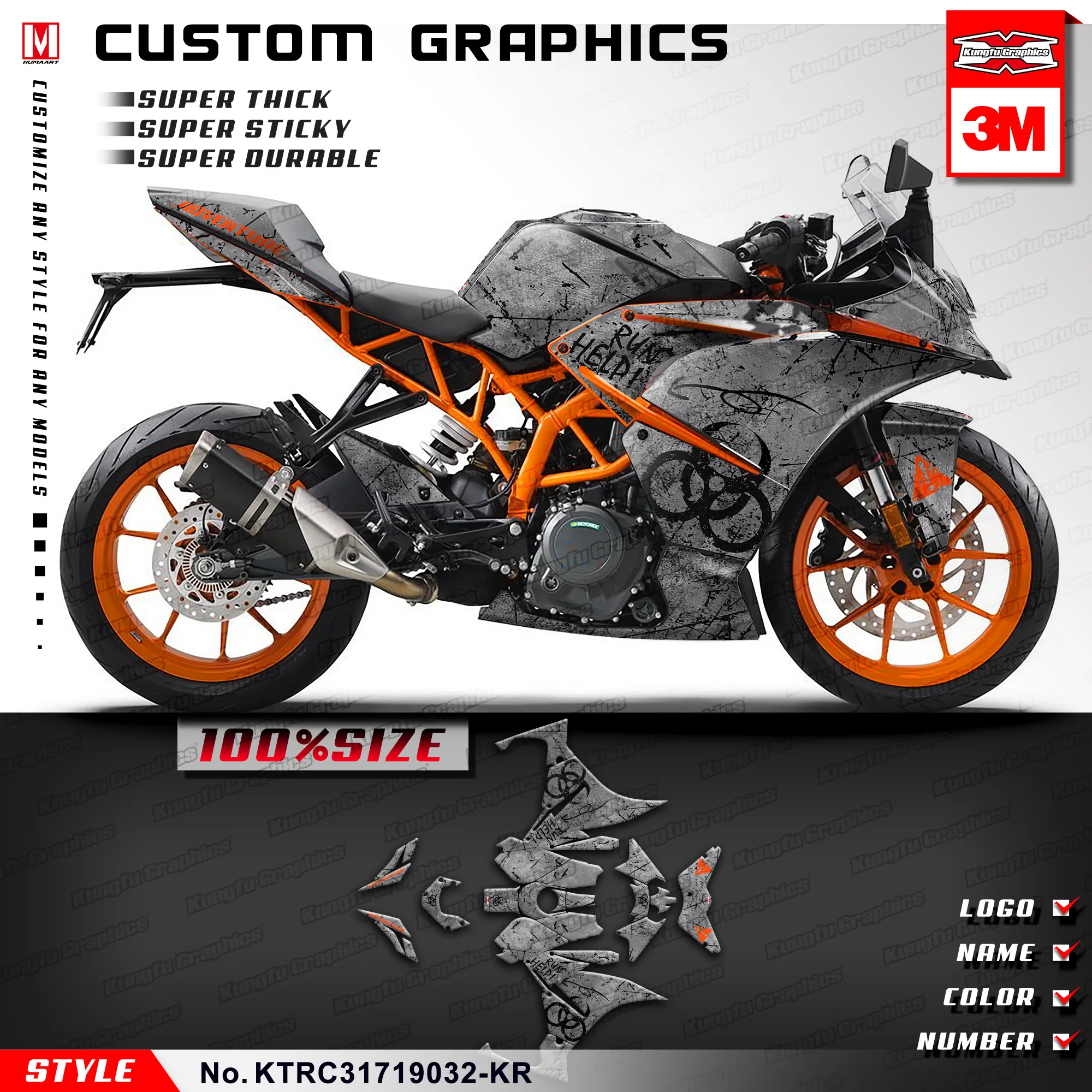 

KUNGFU GRAPHICS Restyle Stickers Decals for KTM RC 125 200 250 390 2017 2018 2019 2020 2021 Grey (Style NO.KTRC31719032-KR)