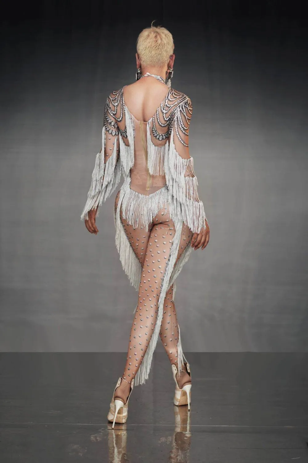 Rhinestone White Tassel Long Sleeves Jumpsuit nude bodysuits Women singer stage show bodysuit