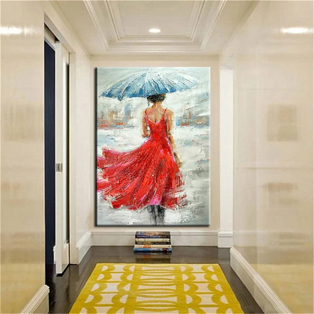 الحديثة رسمت باليد قماش النفط اللوحة مجردة الأحمر تنورة فتاة ديكور المنزل جدار صورة فنية لغرفة المعيشة الزفاف المشارك هدية