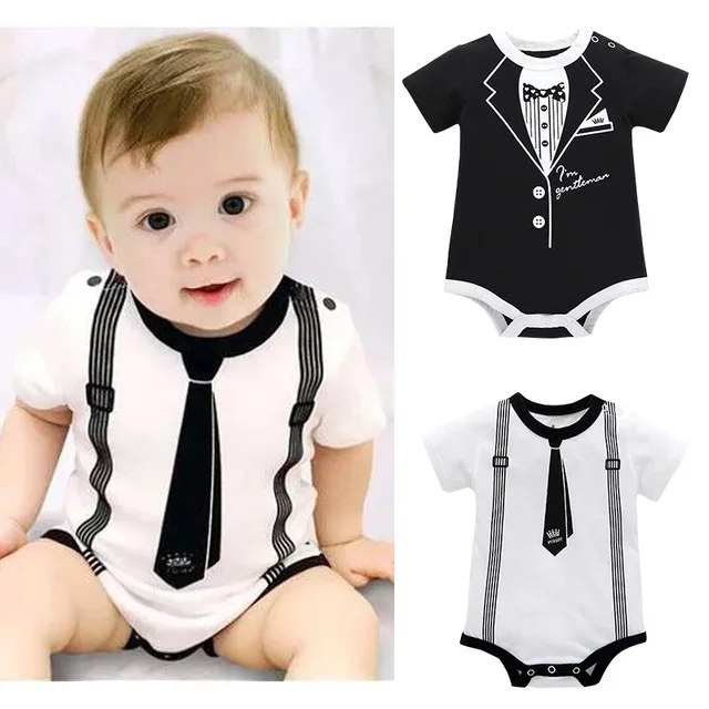 Baby Boy Gentlemen Rompers Bow Tie 0-12M Infant Kids Jumpsuit Black White Gray Tie Print Formal Newborn Short Sleeve Clothes