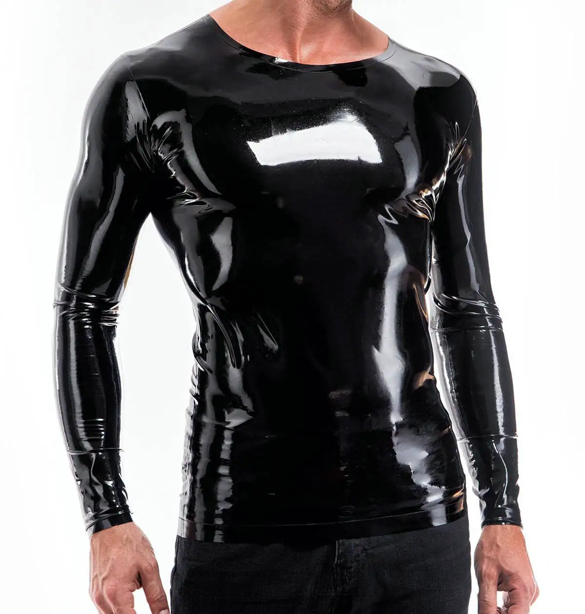 Black Latex Men Long Sleeves T-Shirt Soft Clothes Male Fetish Costume Classic Handmade Tops Rubber Shirt