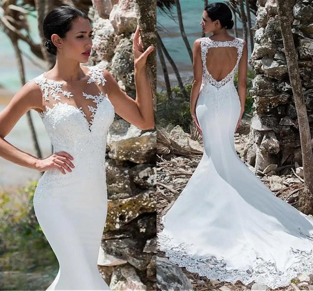 

robe de mariee Sexy Mermaid Wedding Dress Sleeveless Lace Appliqued Illusion Back Boho Wedding Gown Long Train Bride Dresses