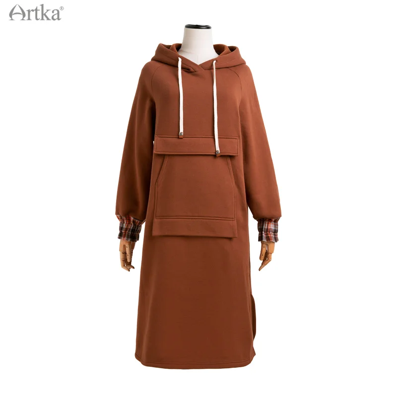 ARTKA 2021 Winter New Women Dress Vintage Woolen Plaid Patchwork Hoodie Dress Loose Warm Plus Velvet Midi Hooded Dress ZA20210D