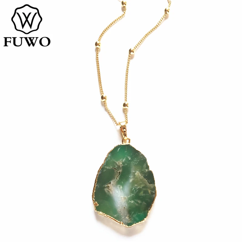 FUWO Natural Irregular Chrysoprase Necklace With Gold Color Plated Brass Beads Chain Simple Cute Australian Jades Jewelry NC251