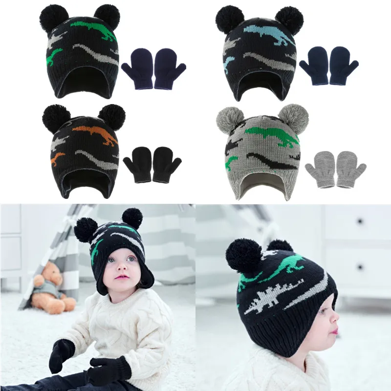 KLV New Dinosaur Printed Wool Baby Hat Gloves Kit Winter Warm Baby Bonnet Fluffy Hairball Infants Beanie Caps Children Mitten