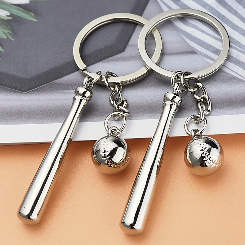 New Creative Baseball Keychain Sports Series 3D Ball Stick Metal Key Chain Charm Car Ring Pendant K4229