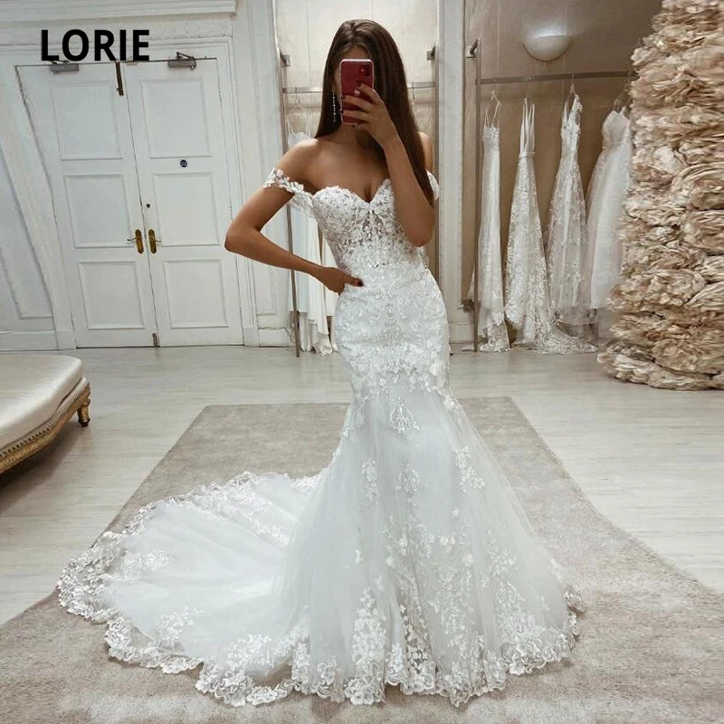 

LORIE Boho Wedding Dresses Mermaid Sweetheart Appliques Lace Off the Shoulder Court train Long Wedding Bridal Gown suknia slubna