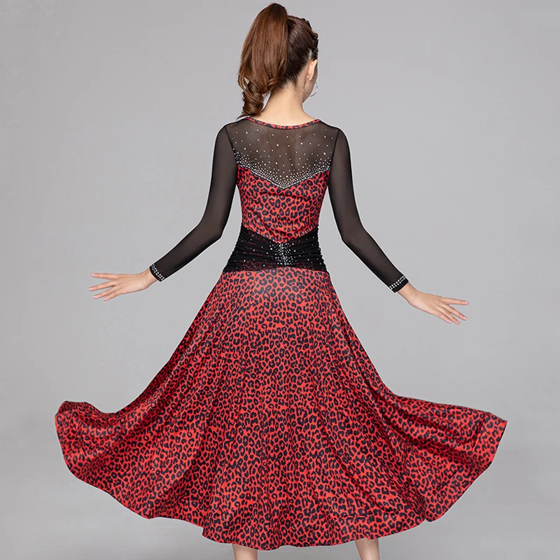 Floral vestido de competição de salão de baile feminino malha palco traje leopardo flamenco vestido dança moderna roupa tango dancewear dl8558