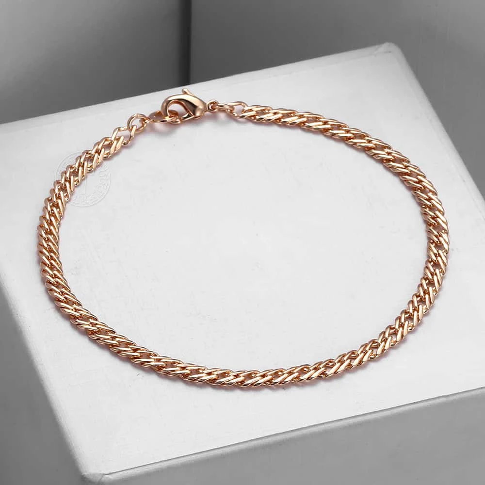 Bracelet For Women 2mm Marina Stick Bead 585 Rose Gold Color Chain & Link Bracelet Elegant Simple Jewelry Gift 20cm