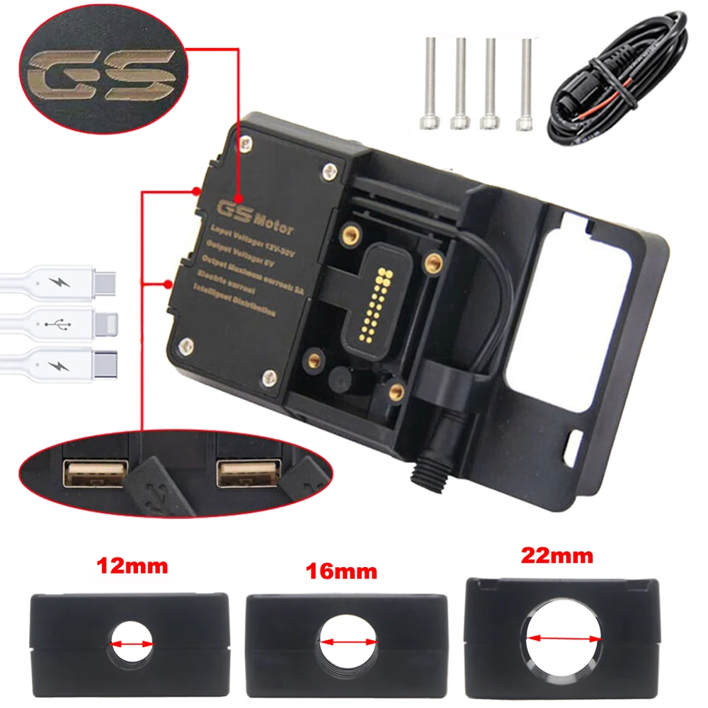 12mm 16mm 22mm Bar Motorcycle Navigation Bracket USB Charging Holder For R1200GS LC ADV F850GS R1250GS S1000XR R1200RS CRF1000L