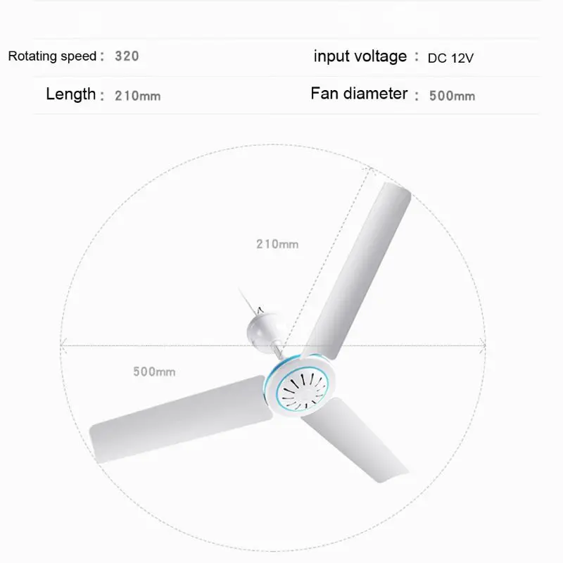 Household 12V Ceiling Fan Air Cooler Hanging Tent Fans with 2.4m Cable for Home Bed Camping Outdoor Office Barbecue