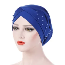 KepaHoo New Women Elastic Turban Hat Muslim Hijab Islamic Beads Cancer Chemo Cap Ladies Hijab Stretch Hijab Cap Muslim Scarf