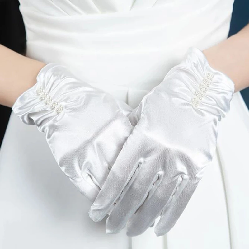 Women Summer Spandex Satin Pearl Folds Elastic UV Sunscreen Driving Sun Mitten Wedding Dress Short Full Finger Glove Female M75